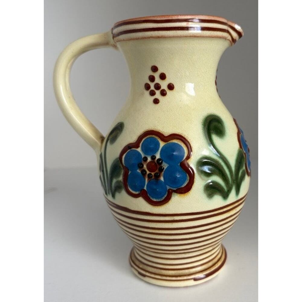 Vintage Hand Painted Glazed Redware Pitcher, marked 86